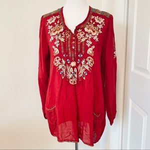 Cranberry Red Embroidered Johnny Was Tunic